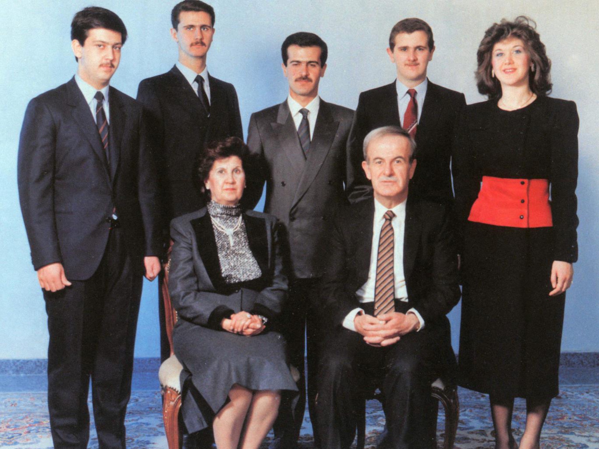 Official portrait of Hafez al-Assad with his wife and five children in the 1970s