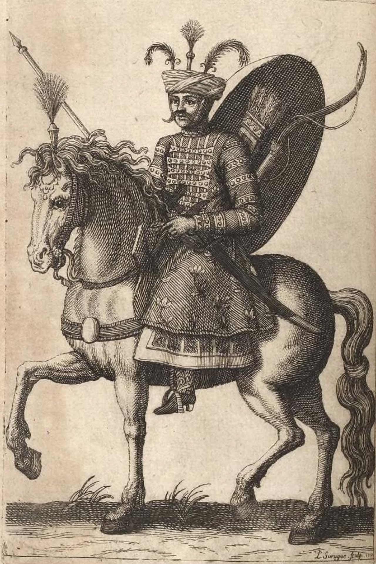 A Qizilbash horseman with the twelve-gored crimson cap, engraving after Jean Chardin, 1666