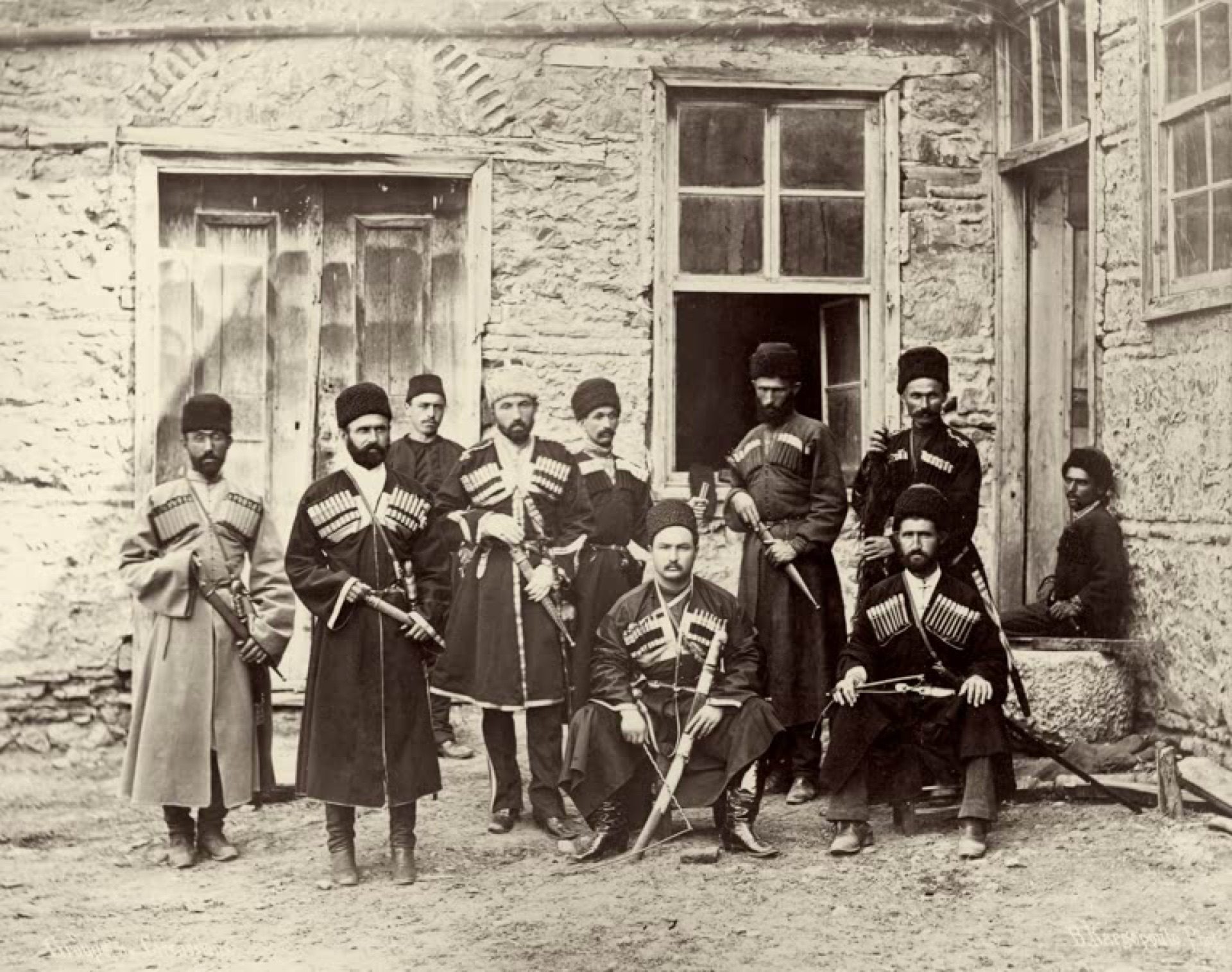 Studio photograph of a group of Circassian men in cherkeska dress, before 1886