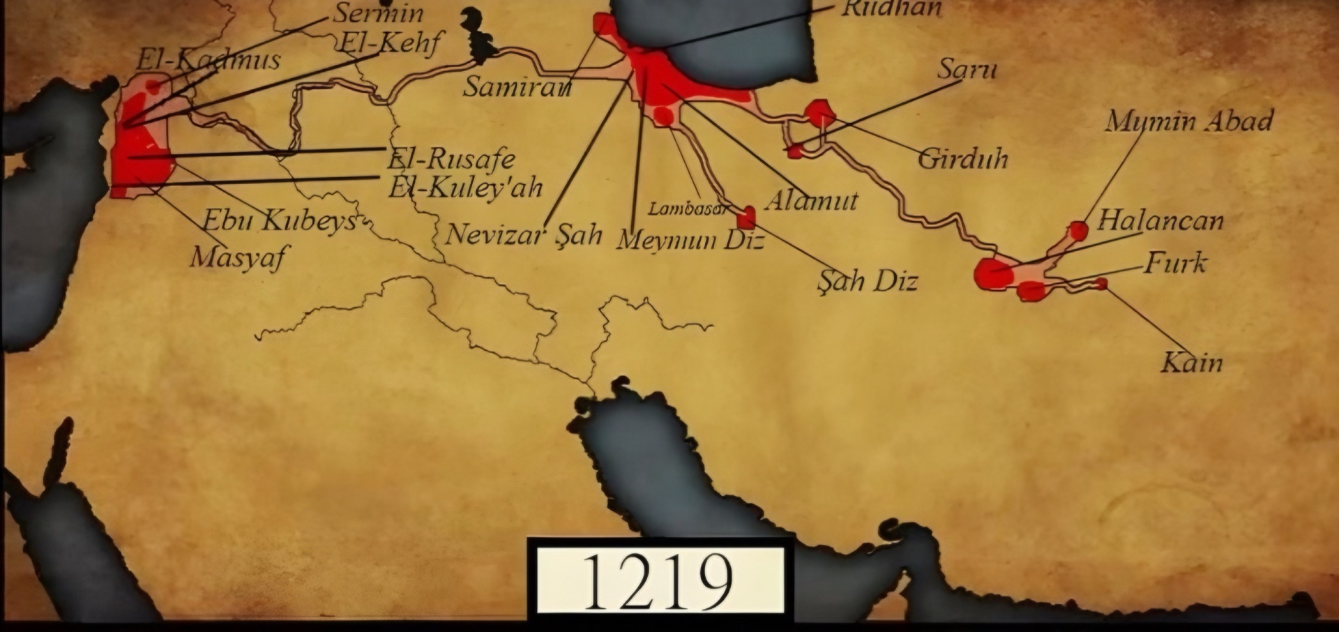 Historic map showing the extent of the Ismaili state of Alamut in 1219