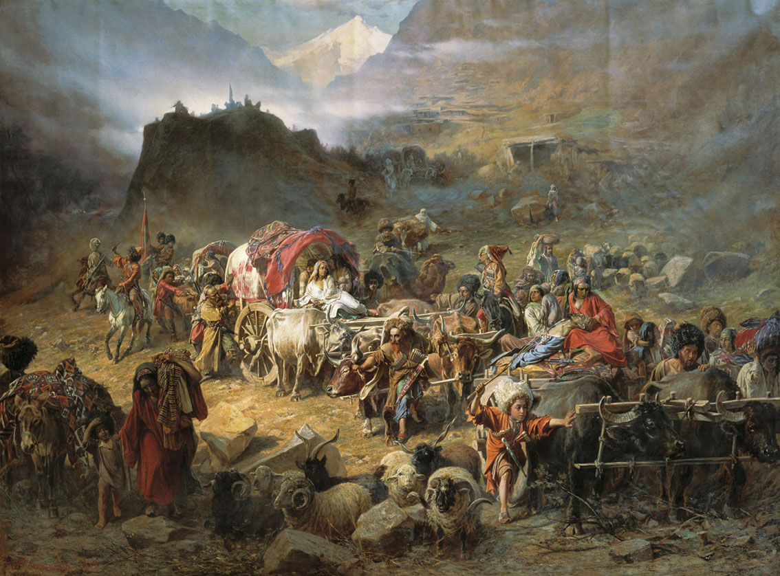 Painting of mountaineers abandoning their village, driving herds down a snowbound valley