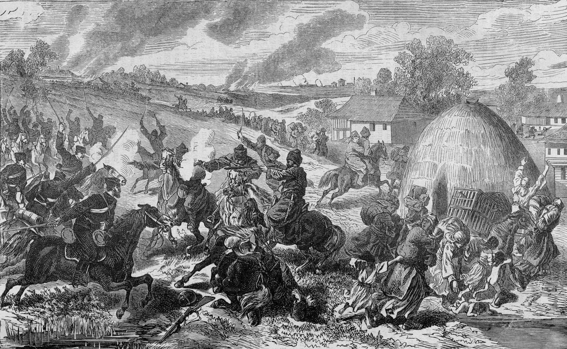 Nineteenth-century engraving of Russian cavalry clashing with Circassian horsemen in a mountain valley