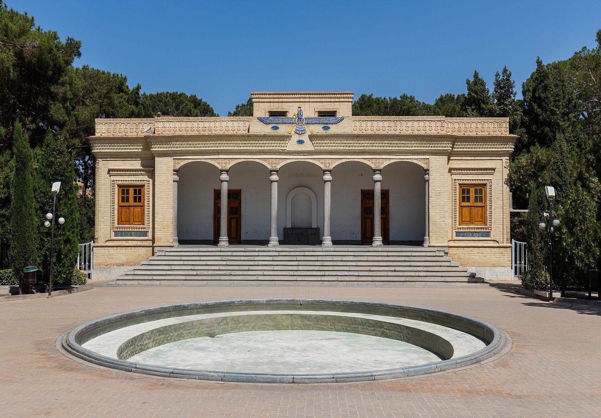 The fire temple of Yazd with its reflecting pool and winged Faravahar relief above the entrance